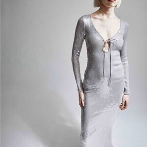 Bardot Silver Sequin Long-Sleeve Tie-Front Maxi Dress